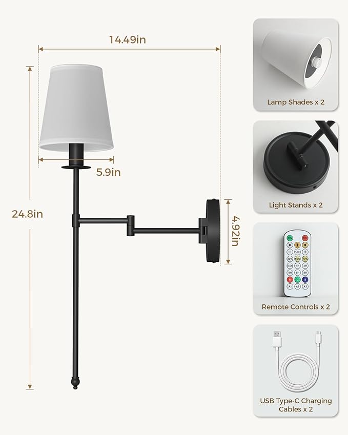 Joosenhouse Black Wireless Wall Sconces Set of 2, Battery Operated Wall Lights with Remote Control, 9 RGB Color Options, 24.8 inch Dimmable Wall Lights for Hallway, Bedroom, Living Room