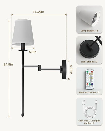 Joosenhouse Black Wireless Wall Sconces Set of 2, Battery Operated Wall Lights with Remote Control, 9 RGB Color Options, 24.8 inch Dimmable Wall Lights for Hallway, Bedroom, Living Room