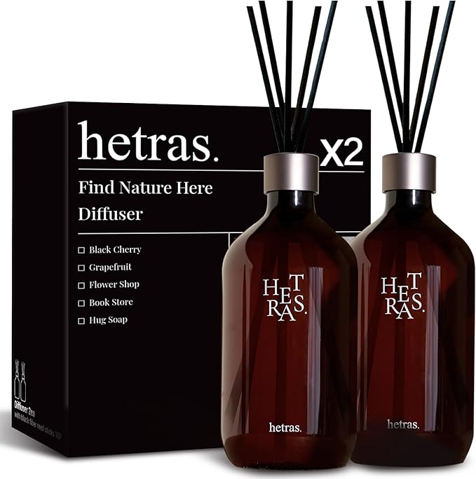 hetras Premium Reed Diffuser Set 16.9 fl.oz. 2 Pack | Jeju Saryeoni Forest - Green & Orange Scent | Long-Lasting Luxury Fragrance with 10 Reed Sticks for Home & Office | Gifts for Loved One