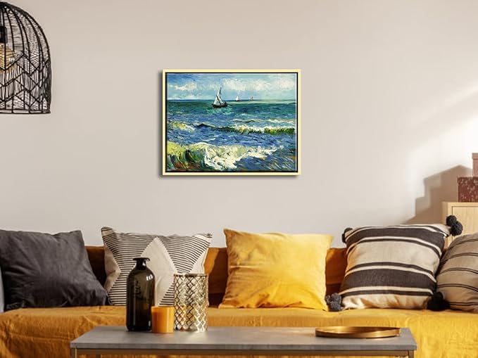 Wieco Art Framed Canvas Wall Art Seascape at Saintes Maries by Vincent Van Gogh Modern Canvas Prints Sea Pictures on Canvas Art for Living Room Home Decorations Gold Frame