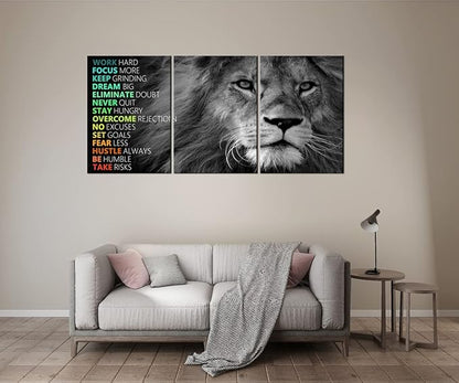 Motivational Canvas Wall Art Lion 3 Pieces Poster Inspirational Positive Wall Art Quotes Success Canvas Artwork Picture Print Framed for Home Office Living Room Gym Wall Decor [60''Wx 28''H]
