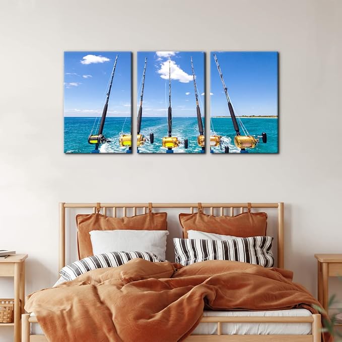 3 Pieces Canvas Wall Art Row of Five Fishing Rod and Reel Pictures Blue Seascape Wall Paintings for Living Room Bedroom Fishing Tackle Artwork HD Prints Modern Home Decor Framed - 16"x24"x3 Panel