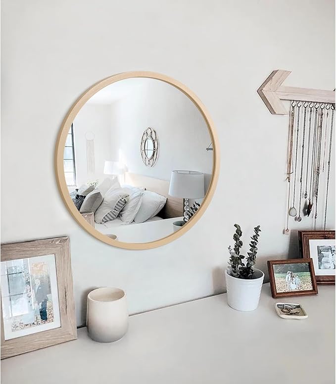 JJUUYOU Round Wall Mirror Circular Mirror for Bathroom Antique Mirror Vanity Vintage Wood Frame Small Make up Mirror for Living Room Bedroom Dorm Entryway and More