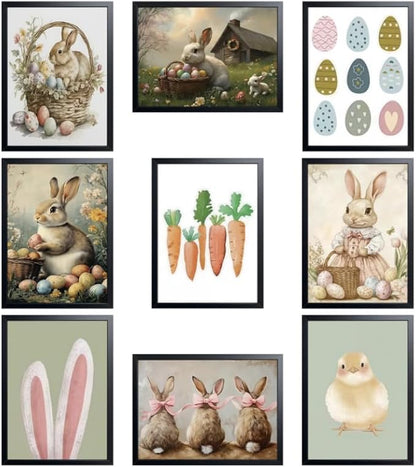 9 Pcs Easter Bunny Wall Decor, Vintage Holiday Wall Art Painting, Rustic Easter Egg Décor Oil Paintings, Fun Rabbit Canvas Poster Print Picture, Vintage Home Decor Animals Artwork Prints 8''x10'' Unframed