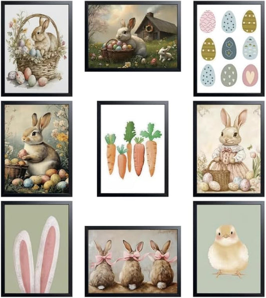 9 Pcs Easter Bunny Wall Decor, Vintage Holiday Wall Art Painting, Rustic Easter Egg Décor Oil Paintings, Fun Rabbit Canvas Poster Print Picture, Vintage Home Decor Animals Artwork Prints 8''x10'' Unframed
