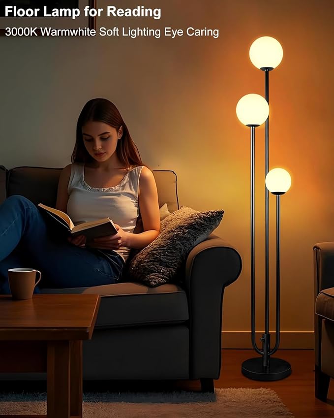 Lightdot 63IN Black Floor Lamp Dimmable with Mid Century Standing Lamps, 3000K Warm White Bulbs Included, Modern Globe Floor Lamp with 5Lbs Heavy Base for Living Room/Bedroom/Sofa Beside/Corner Decor