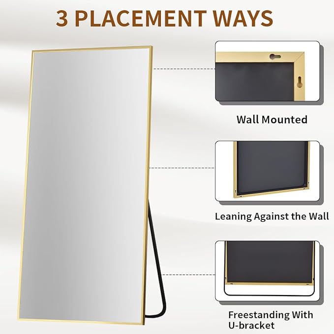 VooBang Full Length Mirror, 71" x 26" Floor Mirror with Stand, Aluminum Alloy Frame Full Body Mirror, Standing Hanging or Leaning Against The Wall for Bedroom Living Room, Gold