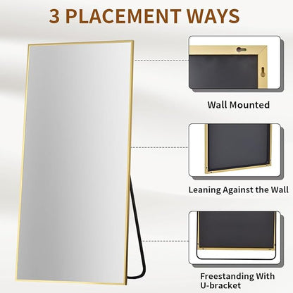 VooBang Full Length Mirror, 71" x 26" Floor Mirror with Stand, Aluminum Alloy Frame Full Body Mirror, Standing Hanging or Leaning Against The Wall for Bedroom Living Room, Gold