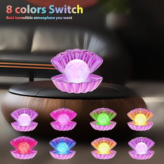 LKUA Shell Pearl Beach Themed Night Light, RGB 8 Colors Changing Mood Shell Pearl Lamps, Bedside LED Clamshell Portable Night Lights for Bar (Electroplating Purple)
