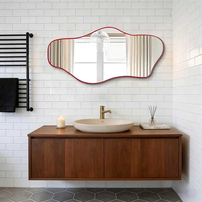 Irregular Tempered Glass Mirror, 35.8"x17.7" Red Asymmetrical Wall Mirror, Modern Abstract Frameless Mirrors for Living Room Bathroom Bedroom Entryway, Horizontal or Vertical Hanging