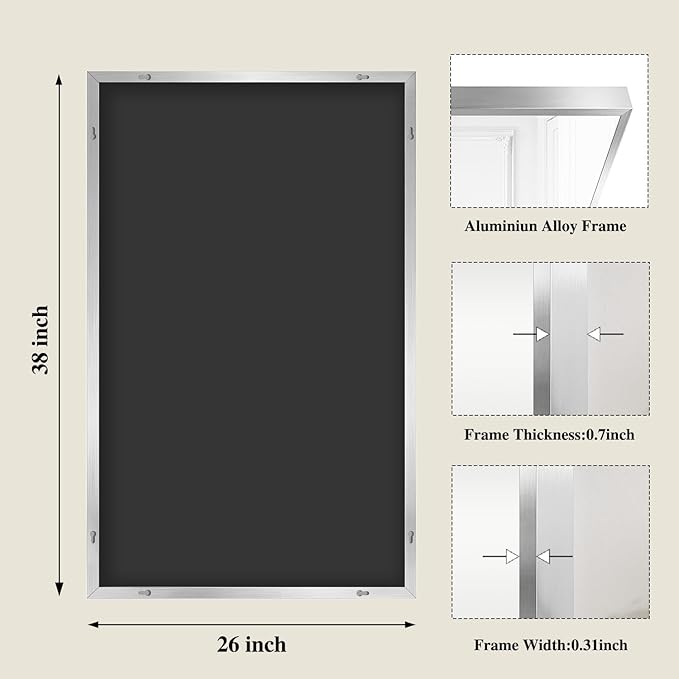 Koonmi Silver Rectangle Wall Mirror, 26x38 Inch Bathroom Mirror, Aluminum Frame Vanity Mirror for Entryway, Living Room, Bedroom Bathroom, Hangs Horizontally or Vertically