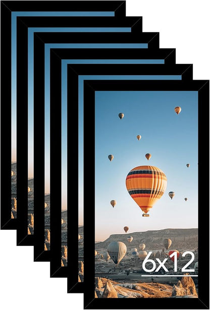 JCJMY 6x12 Black Picture Frame Set of 6, Horizontal and Vertical Formats for Wall Hanging, 6 x 12 Wall Gallery Poster Photo Frames with Shatter Resistant Plexiglass, 6 Pack, Black