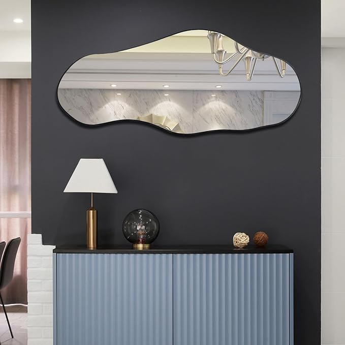 Irregular Frameless Mirror, 47.2"x21.4" Asymmetrical Aesthetic Wall Mirror, Modern Organic Shape Mirrors for Living Room Bedroom Entryway Hallway, Horizontal or Vertical Hanging