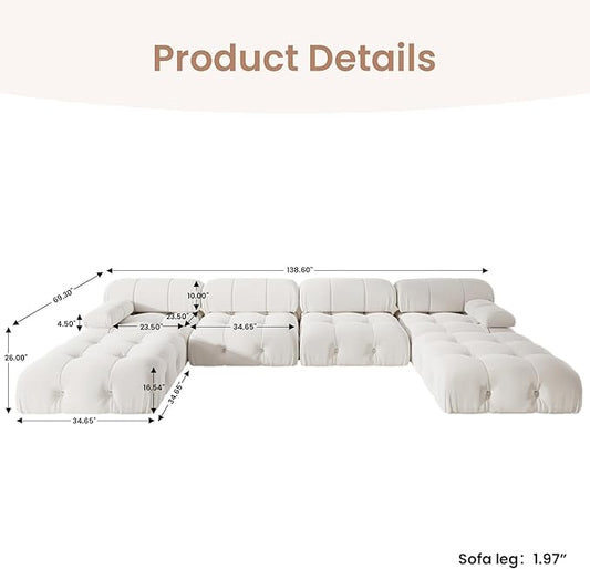 138'' Modular Sectional Couch, U-Shaped Velvet Sofa with Reversible Chaise Ottoman, Minimalist 6-Seat Bubble Sofa, Modern Cloud Sectional Couches for Living Room, Apartment (6 Seats, Beige)