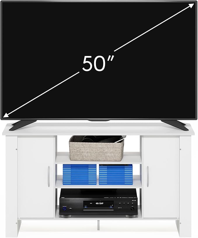 Furinno ECON TV Stand, 4-Tier Entertainment Center with Adjustable Shelf, Open Back TV Console with Door Storage for TV up to 50 Inch, for Living Room, Bedroom, White