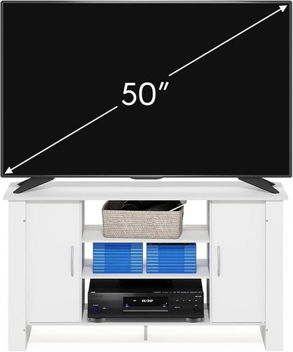 Furinno ECON TV Stand, 4-Tier Entertainment Center with Adjustable Shelf, Open Back TV Console with Door Storage for TV up to 50 Inch, for Living Room, Bedroom, White