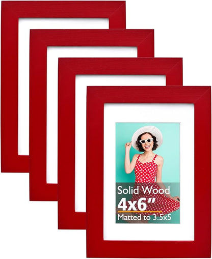 KINLINK 4x6 Frame Red, Solid Wood 4 x 6 Picture Frame with Acrylic Plexiglass for 3.5x5 with Mat, Tabletop and Wall Display Photo Frames 4x6 Red, 4 Pack