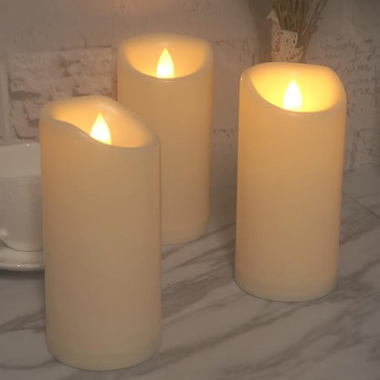 CANDLE CHOICE Outdoor Battery-Operated Flameless Candles with Remote Timer Waterproof Flickering Plastic Electric LED Pillar Lights for Lantern Patio Garden Wedding Halloween Christmas 3”x7” 3 Pack