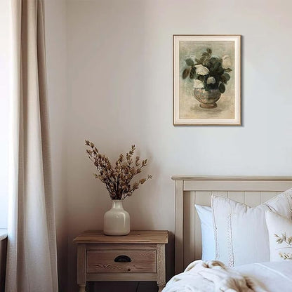 Uniro Vintage Floral Wall Art Framed, Neutral Flower Still Life Oil Painting, White Roses Canvas Prints Artwork with Antique Frame, Farmhouse Wall Decor for Bedroom, Kitchen, Shelf, Bathroom Wall Decor, Cottagecore Room Decor - 12x16Inch