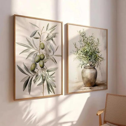 ZHBJSM Olive Branch Wall Art Set of 2 Boho Farmhouse Scandinavian Minimalist Watercolor Olive Branch Clay Vase Earthy Neutral Tone For Home Kitchen Dining Room Living Room 16x24 Inch Unframed