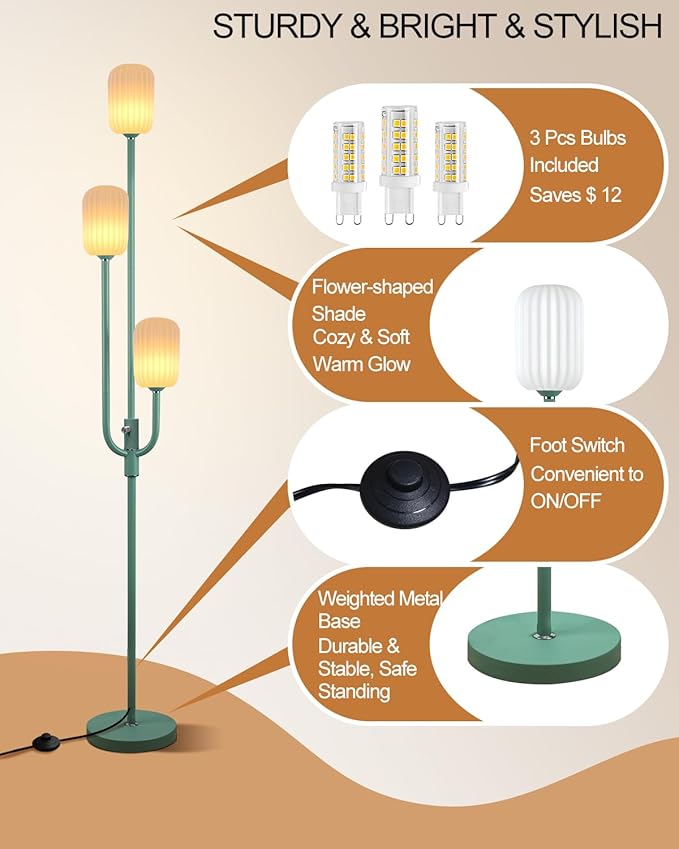 Lightdot 66IN Dimmable Floor Lamp 3-Lights Vintage Green Floor Lamps with Cylindrical Shade& Bulbs Included for Wedding/Party Modern Tall Standing Lamp with 5Lbs Heavy Base for Living Room/Bedroom