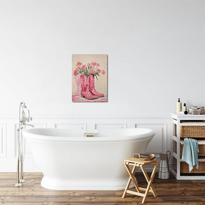 Julaydi Floral Cowgirl Boots Wall Art Pink Cowboy Boots with Flower Painting Western Aesthetic Canvas Prints Poster Trendy Preppy Girls Room Decor Picture for Living Room Bedroom Dorm 12x16in Framed