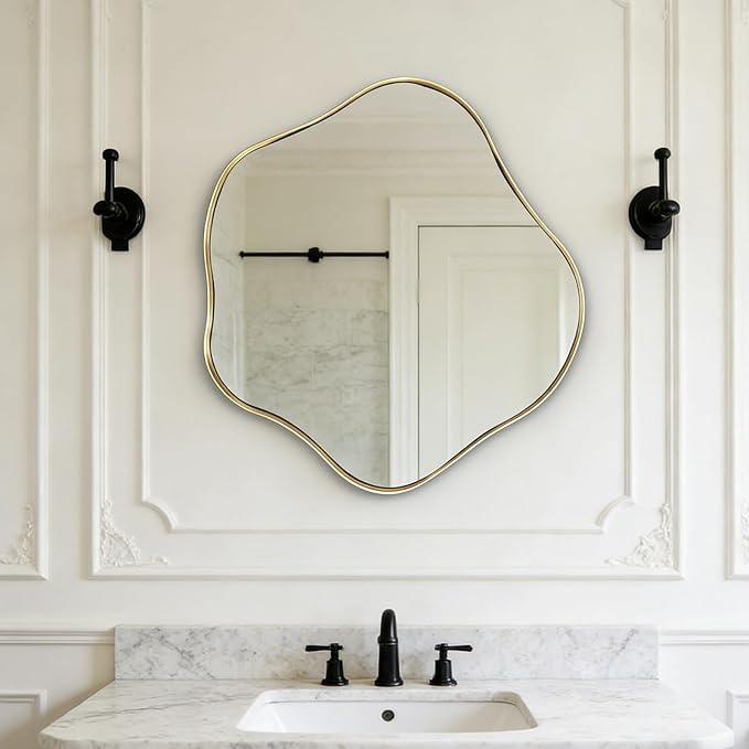 Asymmetrical Wall Mirror, 24" Irregular Shaped Mirror with Gold Frame, Wavy Round Mirrors Decorative, Modern Scalloped Mirrors for Living Room Bathroom Bedroom Hallway Entryway Fireplace