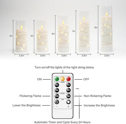 kakoya Flameless LED Candles with Timer 5 Pc Flickering Flameless Candles for Romantic Ambiance and Home Decoration Stable Acrylic Shell,with Embedded Star String，Battery Operated Candles（White）
