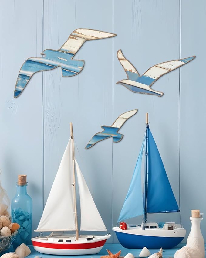 Putuo Decor 3pcs Wood Nautical Decor Seagull Wall Decor Nautical Coastal Theme Wall Art Adhesive Seagull Wall Sculpture Sea Birds Lake House Ocean Decoration Vintage Ornaments For Home Bathroom