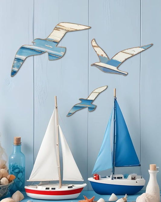 Putuo Decor 3pcs Wood Nautical Decor Seagull Wall Decor Nautical Coastal Theme Wall Art Adhesive Seagull Wall Sculpture Sea Birds Lake House Ocean Decoration Vintage Ornaments For Home Bathroom