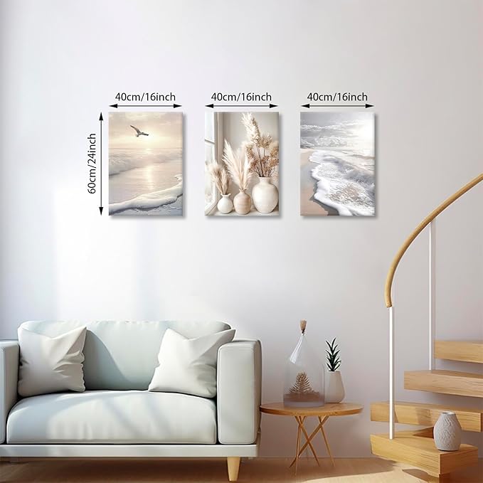 3 Pcs Beach Seaside Wall Art for Bedroom, Modern Beige Reeds Botanical Wall Picture Aesthetic Nature Coastal Sunset Landscape Wall Painting Poster Art Prints for Bedroom Office Home Decor 12"x16"x3Pcs