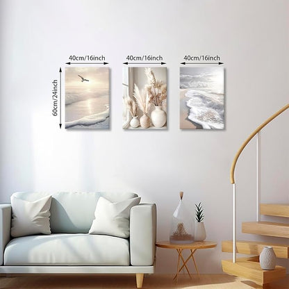 3 Pcs Beach Seaside Wall Art for Bedroom, Modern Beige Reeds Botanical Wall Picture Aesthetic Nature Coastal Sunset Landscape Wall Painting Poster Art Prints for Bedroom Office Home Decor 12"x16"x3Pcs