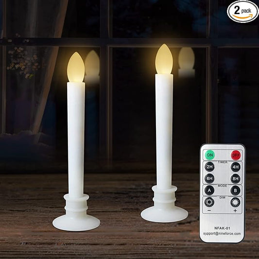 2 Pack Flameless Taper Candles with Remote/Timer, Battery Operated Flickering LED Window Candles, Vintage Christmas Electric Fake Candlesticks, White Holder