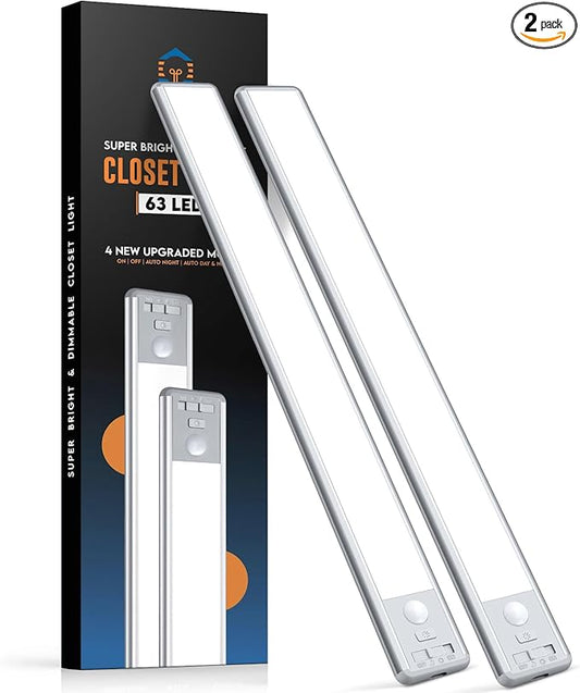 Reoshine 63 LED Closet Lights Motion Sensored, 2500mAh Rechargeable Under Cabinet Lighting, Dimmable & Magnetic Light Bar for Kitchen Cabinets, Hallways (2 Pack)