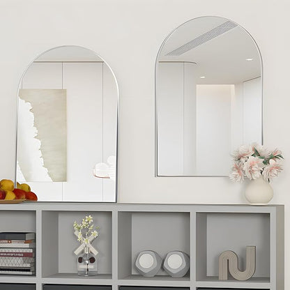 Wall Mounted Mirror, Arched Wall Mirror for Bathroom, 20"x30" Arch Bathroom Mirror with Metal Frame, 2 Pieces Silver Vanity Mirror Decor for Mantle, Bedroom, Entryway