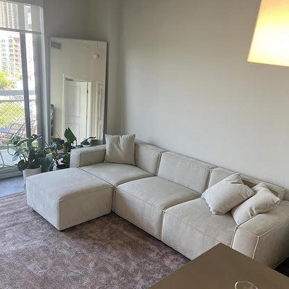 Acanva Luxury Modular Sectional Living Room Sofa Set, Modern Minimalist Style Couch with Ottoman and Chaise, L-Shape, Linen-Like Cream | Minimalist Style