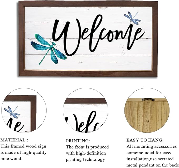 Dragonfly Welcome Sign, Front Door Porch Decors, Welcome Decoration for Wall, Country Style Home Decor, Housewarming Decors, Wooden Framed Wall Decor 15×7.5×0.3 inches