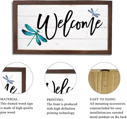 Dragonfly Welcome Sign, Front Door Porch Decors, Welcome Decoration for Wall, Country Style Home Decor, Housewarming Decors, Wooden Framed Wall Decor 15×7.5×0.3 inches