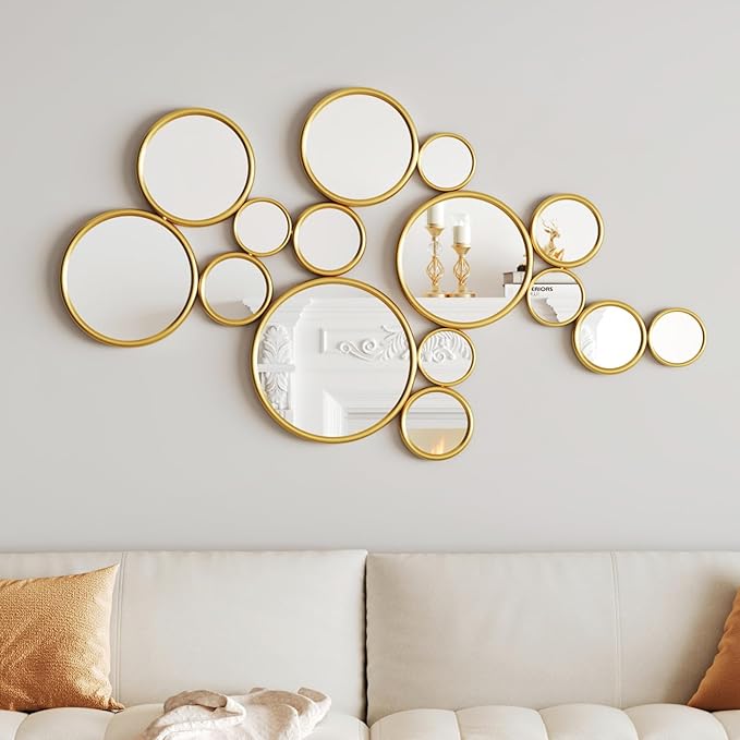 PERHOM Multiple Circles Wall Decor Mirror - 47"x24" Large Gold Wall Art Mirror,Thick Metal Framed Wall Sculptures Mirrors for Living Room, Entryway, Bedroom, Dining Room, Fireplace