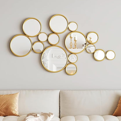 PERHOM Multiple Circles Wall Decor Mirror - 47"x24" Large Gold Wall Art Mirror,Thick Metal Framed Wall Sculptures Mirrors for Living Room, Entryway, Bedroom, Dining Room, Fireplace