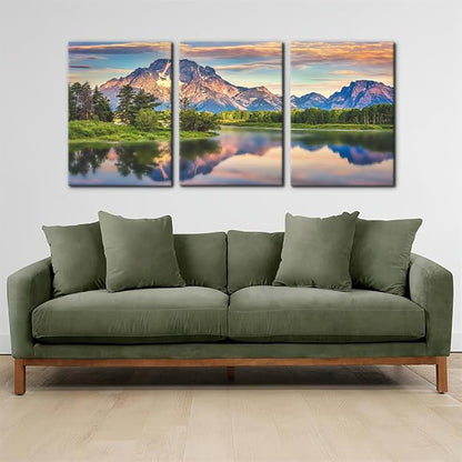 Pacimo Nature Canvas Wall Art Sunset Sunrise Mountain Pictures Grand Teton National Park Canvas Print River Forest Landscape Artwork for Living Room Bedroom Home Office Wall Decoration - 20"x28"x3