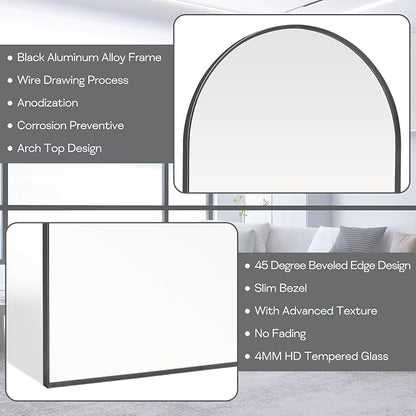 30" x 48" Black Arched Mirror, Arch Wall Mirror, Metal Frame Black Bathroom Mirror, Arched Top Bathroom Vanity Mirror for Living Room, Bedroom, Entryway, Tempered Glass, Shatter Proof