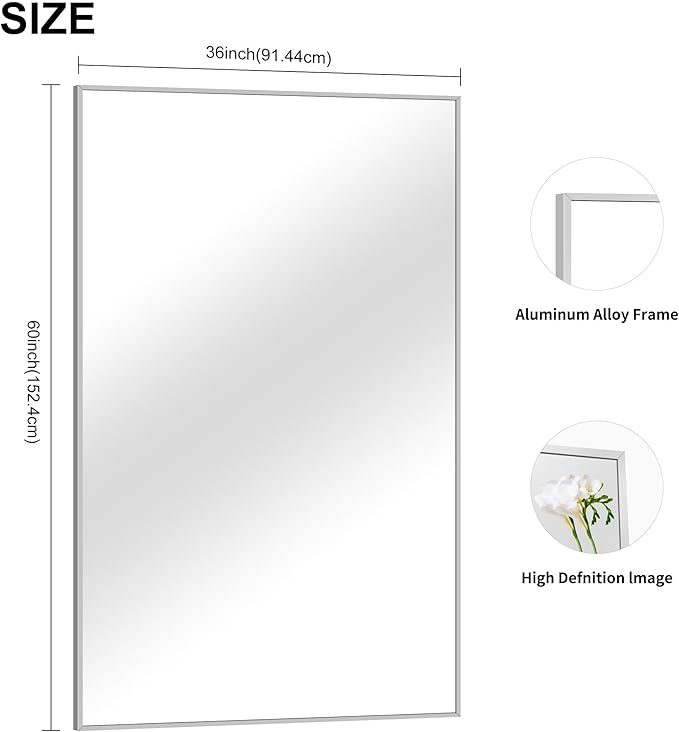 COFENY 36x60inch Brushed Nickel Bathroom Mirror, Silver Rectangle Mirror with Frame, Large Rectangular Wall Mirrors for Bathroom, Living Roomm, Hair Salon, Big Mirror Hang Horizontal/Vertical