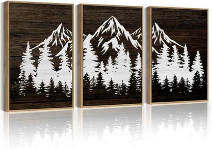 PHOPAGO Mountains Tree Framed Wall Art Boho Forest Nature Landscape Artwork Paints Morden Country Woodcut Wood Wall Decor Rustic Home Decor - 11x14in Natural Framed