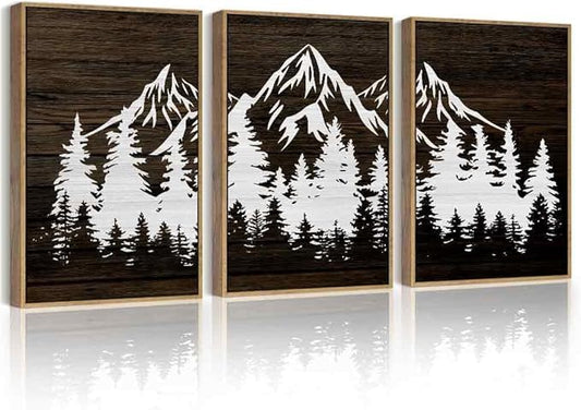 PHOPAGO Mountains Tree Framed Wall Art Boho Forest Nature Landscape Artwork Paints Morden Country Woodcut Wood Wall Decor Rustic Home Decor - 11x14in Natural Framed