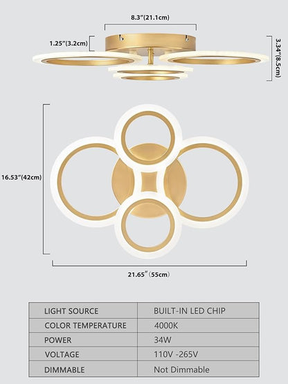 Modern LED Flush Mount Ceiling Light, 4 Rings Gold Close to Ceiling Light Fixtures, Kitchen Lighting Fixture Lamp for Bedroom, Living Room, Laundry Room, 4000K Not Dimmable