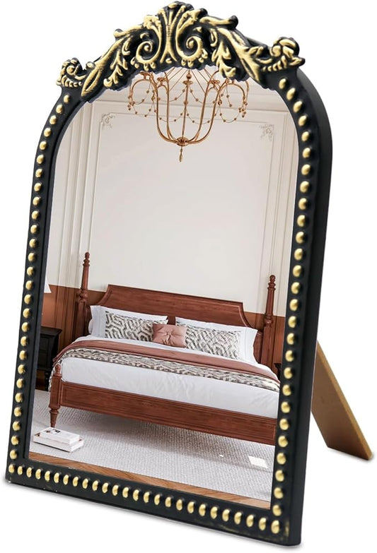 Vintage Vanity Makeup Mirror, 12.1" x 9.8" Antique Arched Black Table Mirrors for Dresser,Baroque Decor Ornate Standing Mirror for Living Room,Tabletop,Bedroom