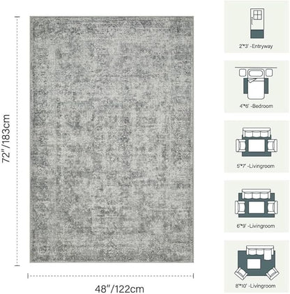 Rugxara 4x6 Area Rugs for Living Room Bedroom, Large Washable Rug, Grey Vintage Abstract Boho Rug, Non Slip & Low Pile Wool Carpet for Indoor Dining Room, Farmhouse, Kids Room and Office(Grey 4x6ft)