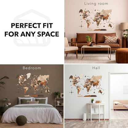 Enjoy The Wood 3D Wooden World Map Wall Art - Large Travel Map with Pins for Art Decor - Decorative Map of the World for Home, Office - Travel Wall Art Housewarming Gift Idea (Multicolor, 2XL, Unframed)