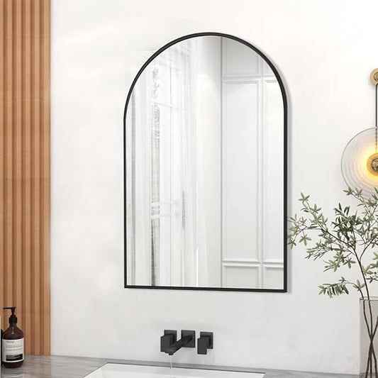 Dewfig Wall Mounted Mirror, 20"x30" Arched Wall Bathroom Mirror, Black Vanity Wall Mirror with Metal Frame, Modern & Contemporary Arch Top Wall Mirror for Bedroom, Entryway, Living Room, Black
